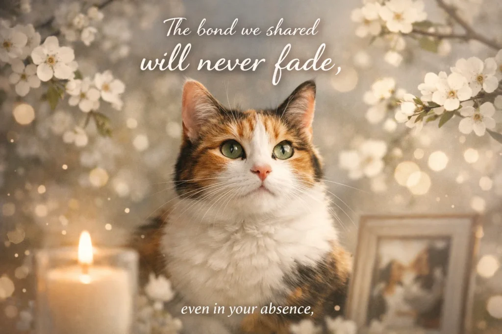 cat memorial quote with cozy home and soft warm lighting