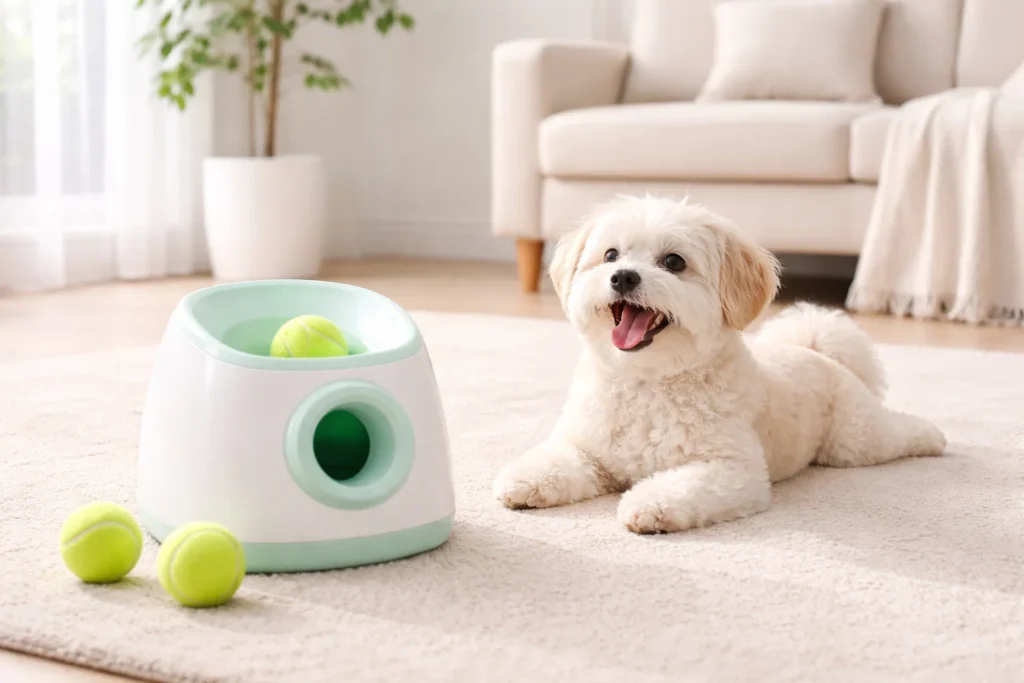 small dog playing with automatic ball launcher indoors