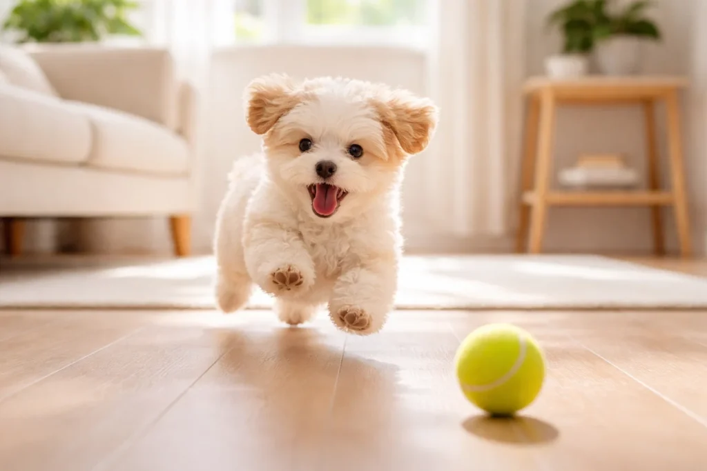 small dog playing short distance fetch indoors