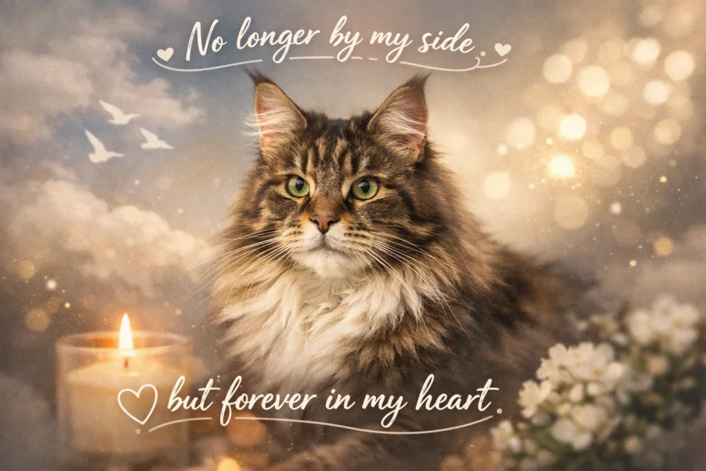 cat memorial quote with cozy home and soft warm lighting