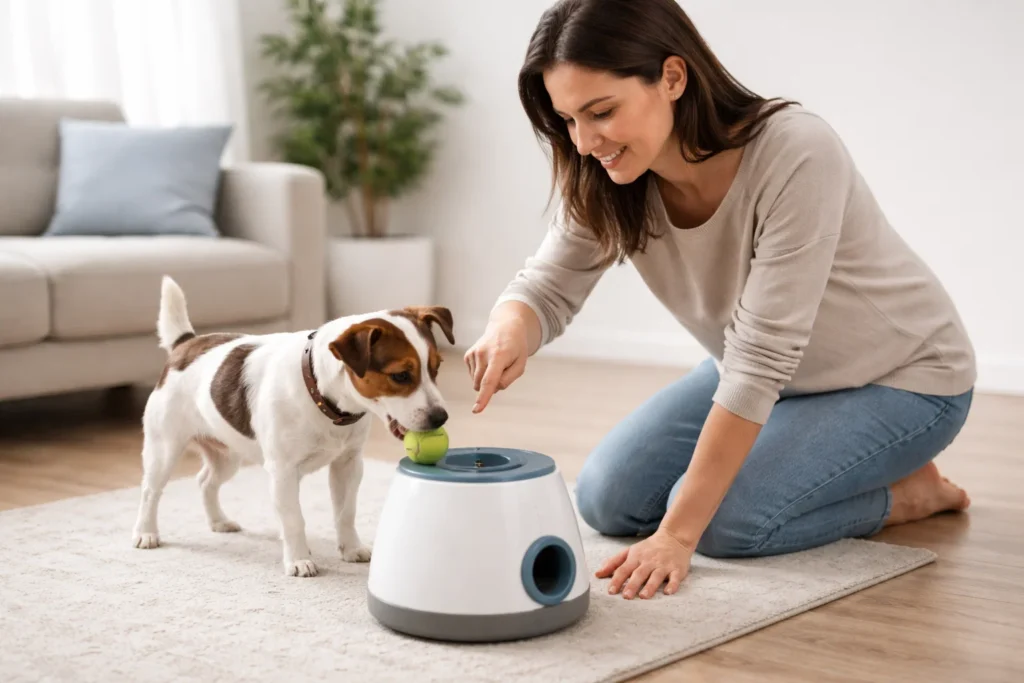 training a small dog to use automatic ball launcher