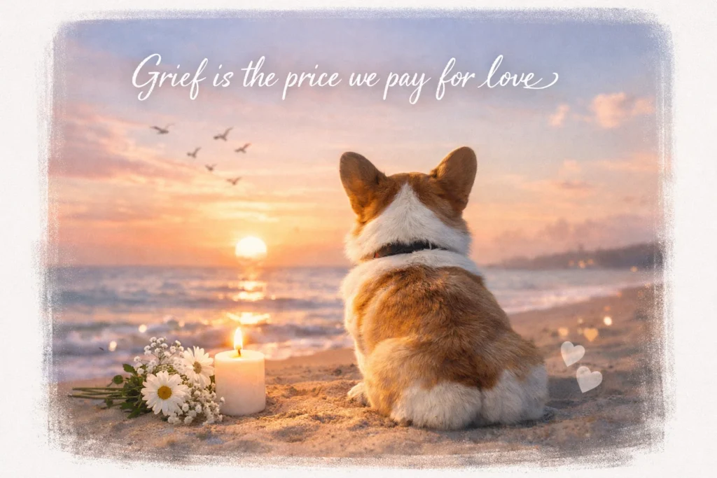 pet loss quote about love and grief with dog sunset memorial scene
