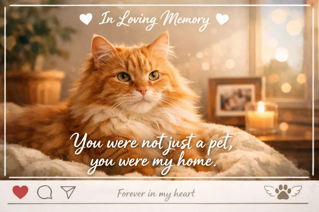 cat memorial quote with cozy home and soft warm lighting