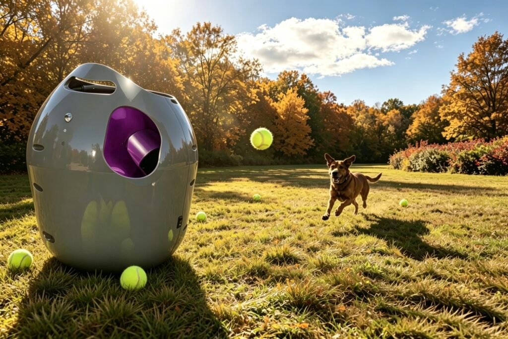automatic ball launcher for dogs with multiple settings, dog ball launcher adjustable distance, auto ball thrower for dogs