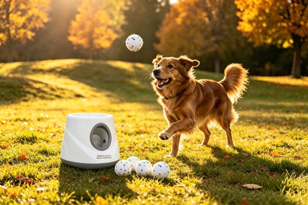 automatic ball launcher for dogs with eTPU balls, dog ball launcher durable balls, best automatic ball launcher for dogs