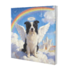 Custom pet portraits on canvas featuring a dog as a peaceful angel crossing the rainbow bridge—a heartfelt pet memorial gift.