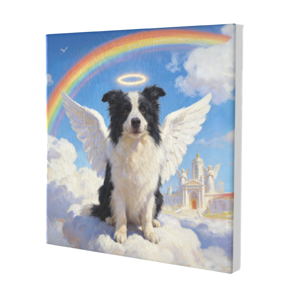 Custom pet portraits on canvas featuring a dog as a peaceful angel crossing the rainbow bridge—a heartfelt pet memorial gift.