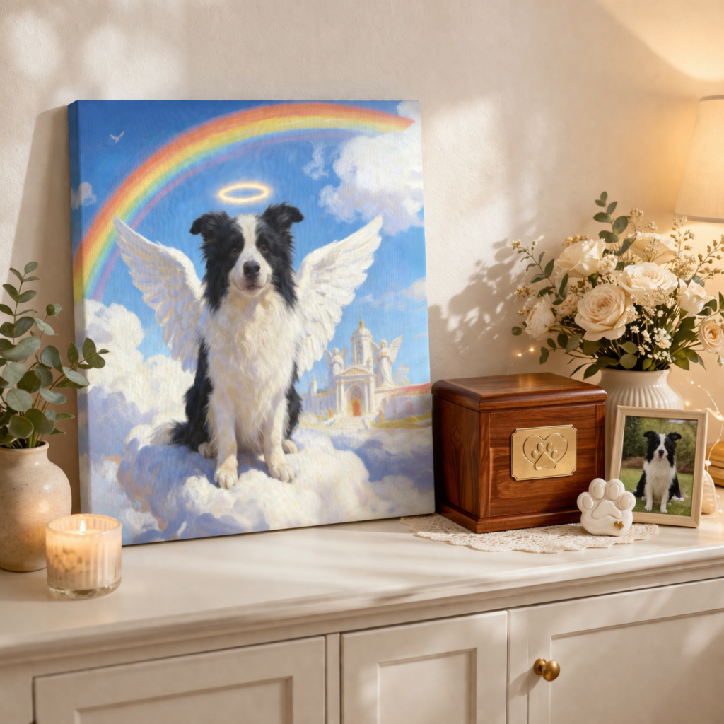 Close-up of personalized pet portrait on canvas showing high-definition vivid colors and waterproof texture by professional pet portrait artists.