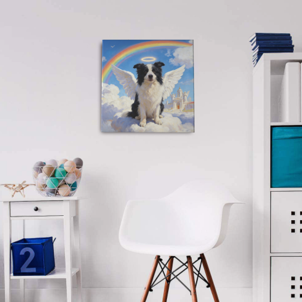 A cozy pet memorial corner featuring a custom pet portrait painting to offer condolences for loss of pet and healing from pet loss.