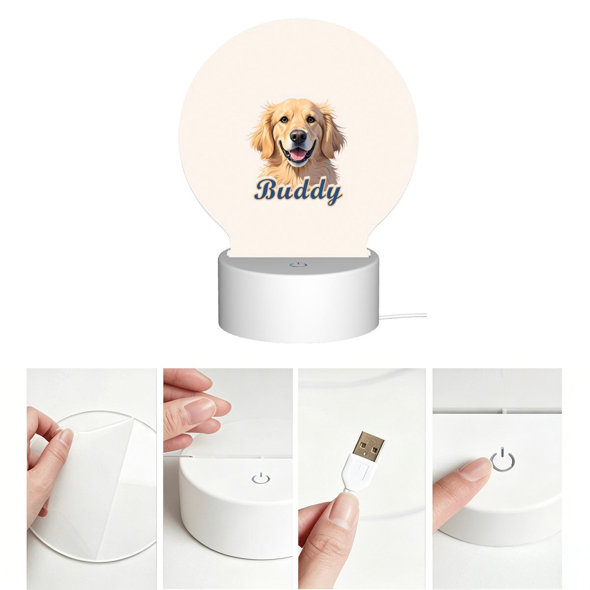 LED light frame glowing in white, warm, and warm-white modes on a nightstand
