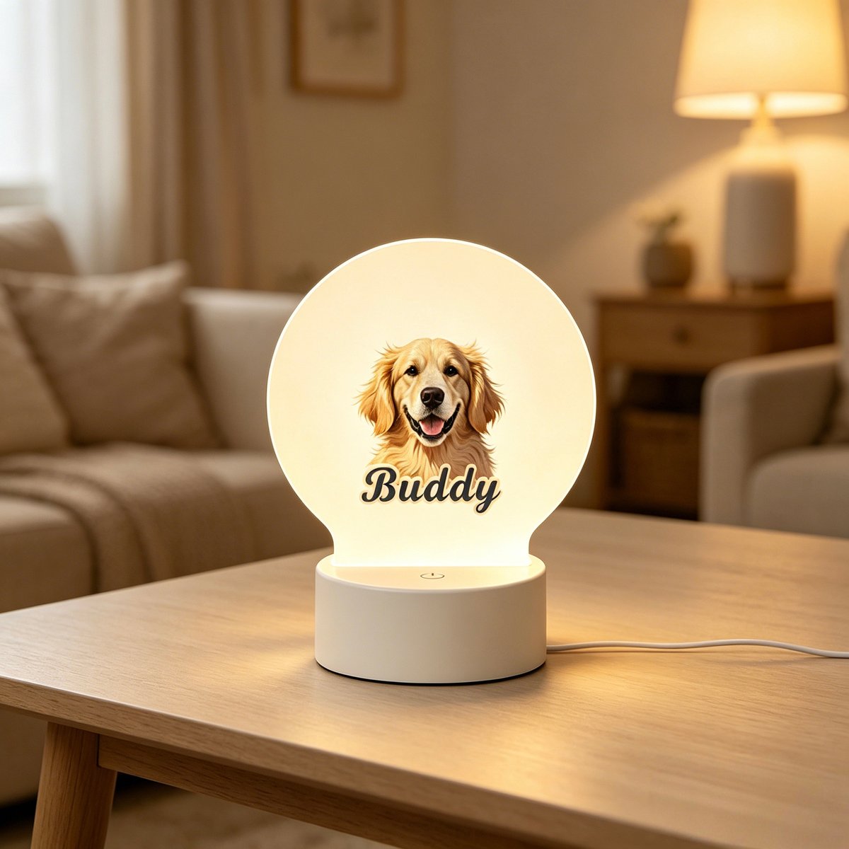 Premium acrylic LED lighted frame, 5.3 x 7.1 inches, displayed on a desk