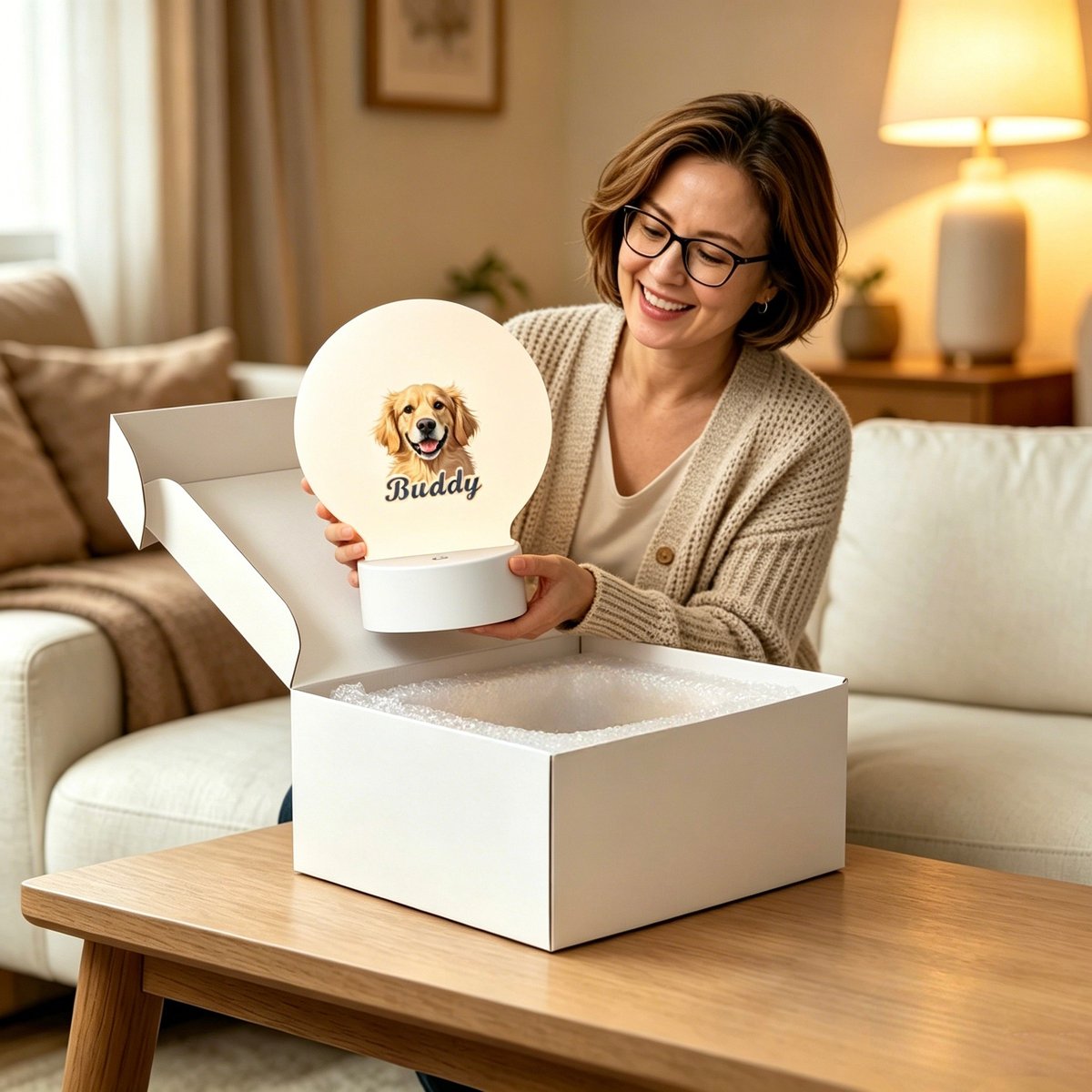 Custom pet LED frame with a dog's photo UV-printed on clear acrylic