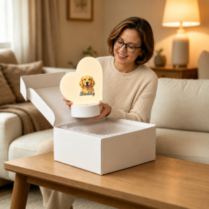 Pet owner overjoyed receiving a heart-shaped custom pet LED frame — personalized pet photo gift