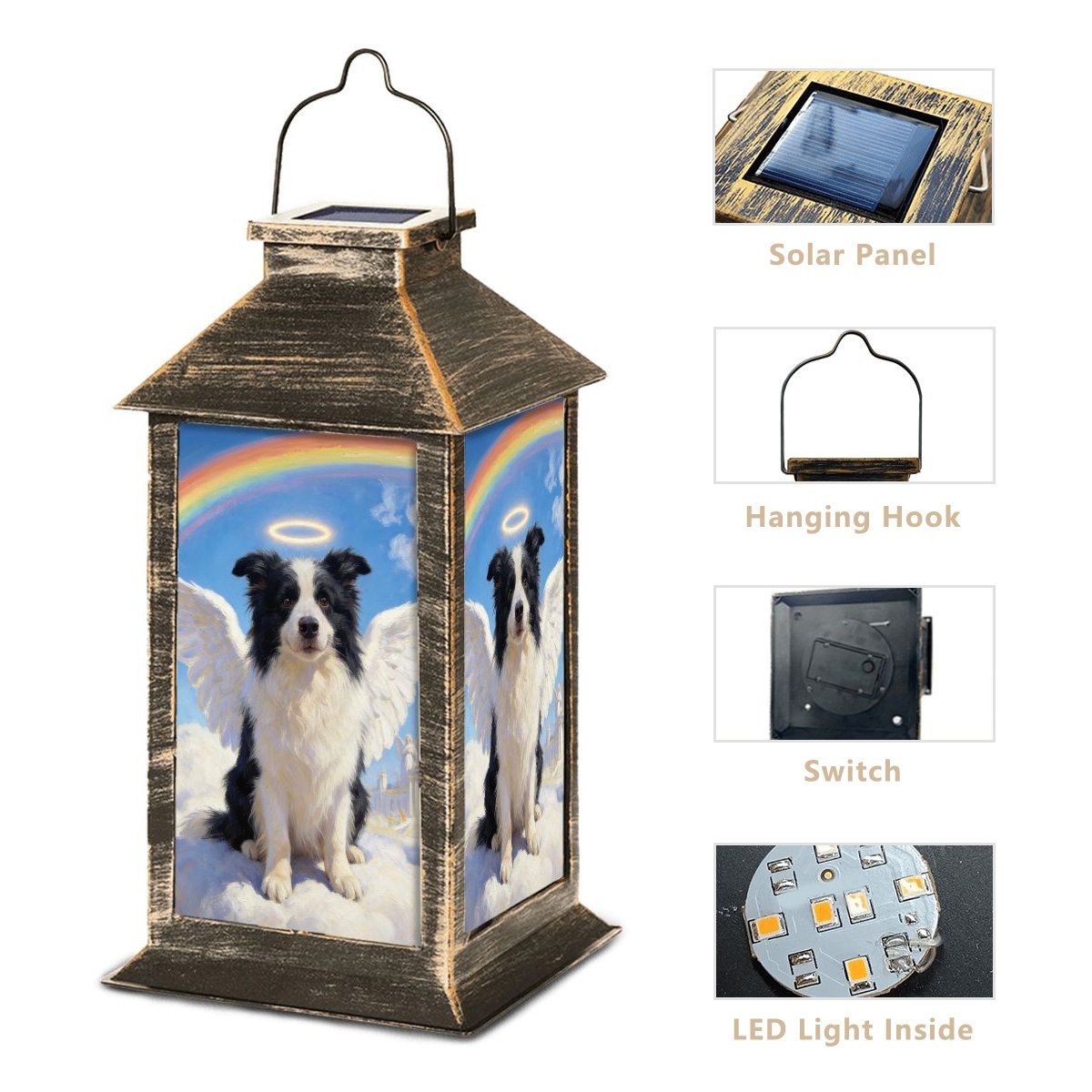 solar-powered pet memorial lantern glowing warm light at dusk, no wiring needed
