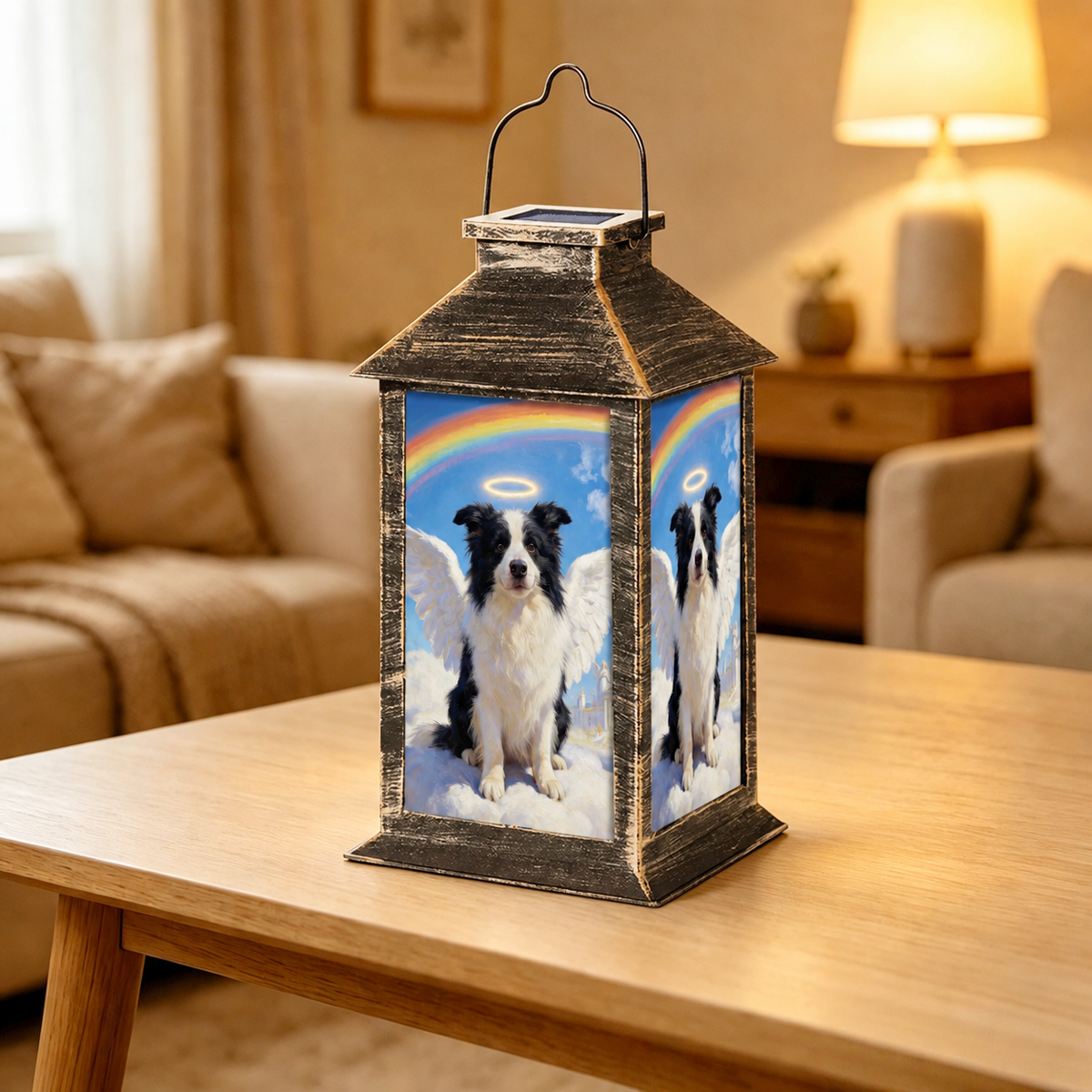 memorial solar lantern displayed outdoors on a garden path beside a pet resting place