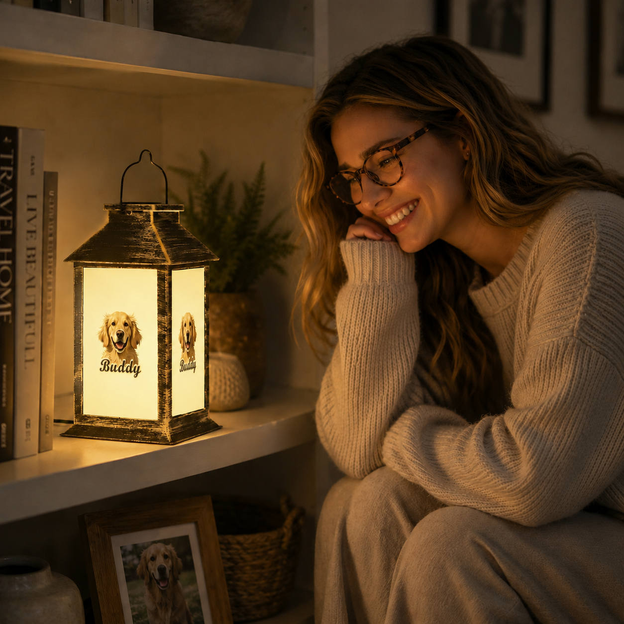 personalized pet lantern with custom pet photo on all four sides
