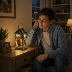 Pet owner smiling at night while looking at a glowing pet memorial lantern, remembering cherished moments with their companion