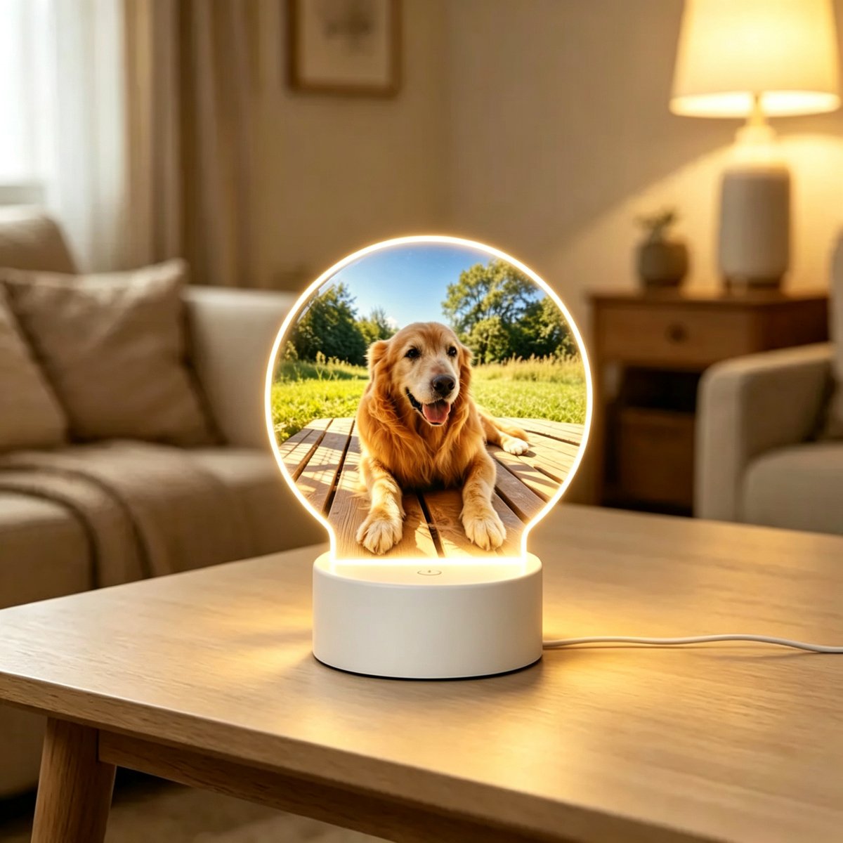 Round custom LED frame as warm home decor on a table, a personalized picture frame with LED lights and heartfelt loss of pet gift.
