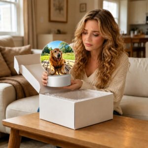 A pet owner unboxing a round custom LED frame gift, a personalized led photo frame and thoughtful loss of pet gift.