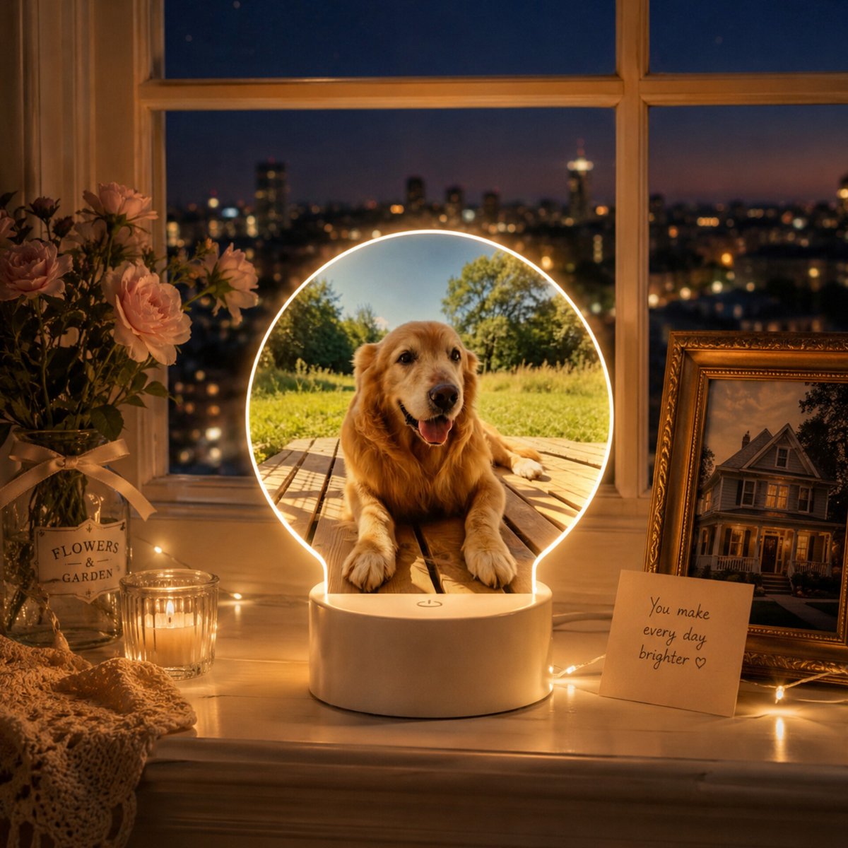 Round LED frame glowing softly as a bedside night light, a warm led lighted frame and sympathy gift for a pet.