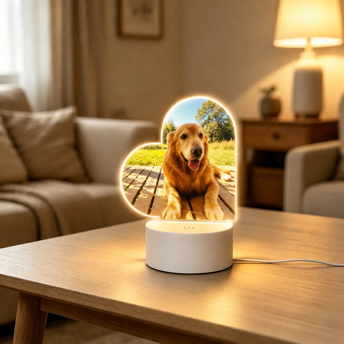 A woman unboxing a custom LED pet memorial frame, a personalized led photo frame and thoughtful pet loss gift.