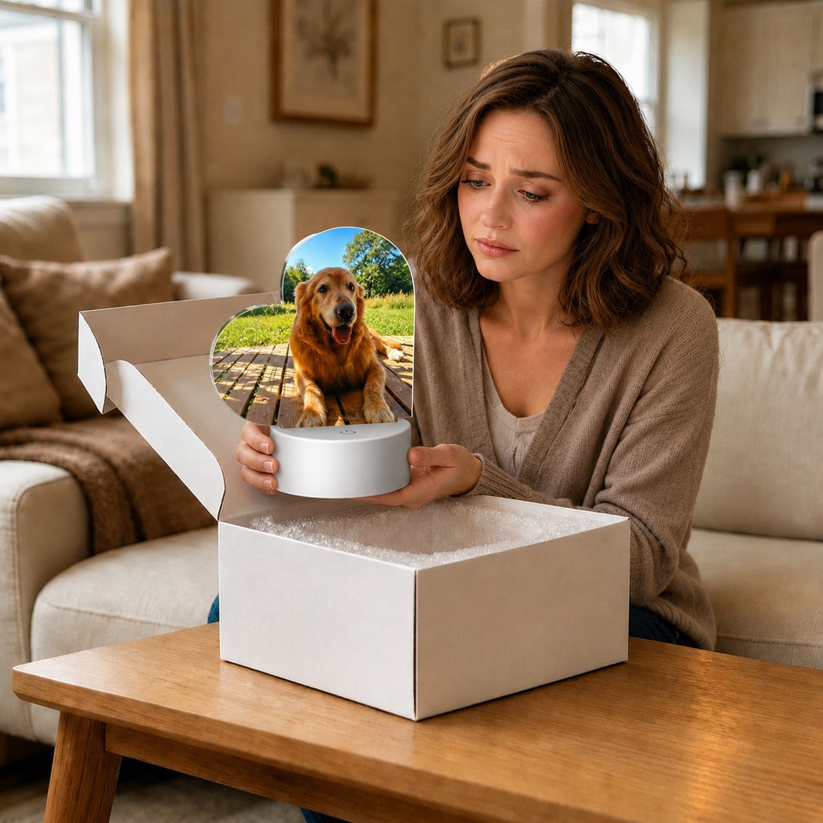Custom LED pet memorial frame displayed on a table, a warm personalized led photo frame and pet loss gift.