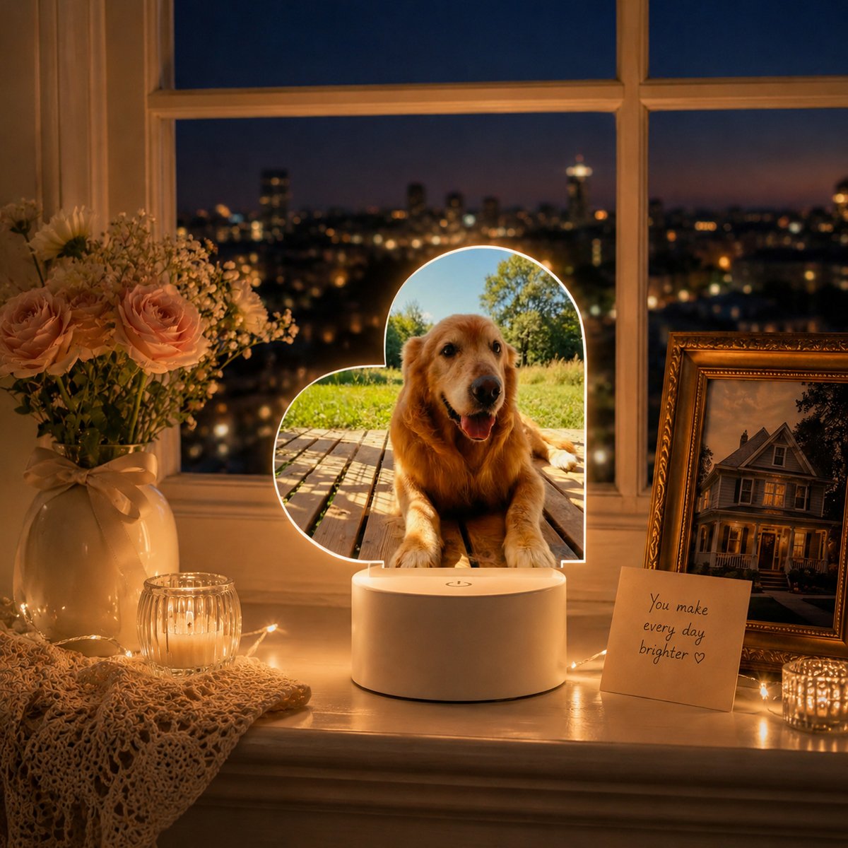 Custom LED pet memorial frame glowing softly at night, a warm led photo frame and pet loss gift.
