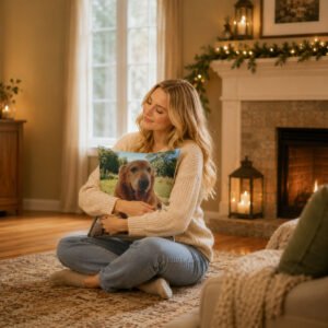 Grieving pet owner holding custom pet memorial pillow with dog photo, finding comfort at home