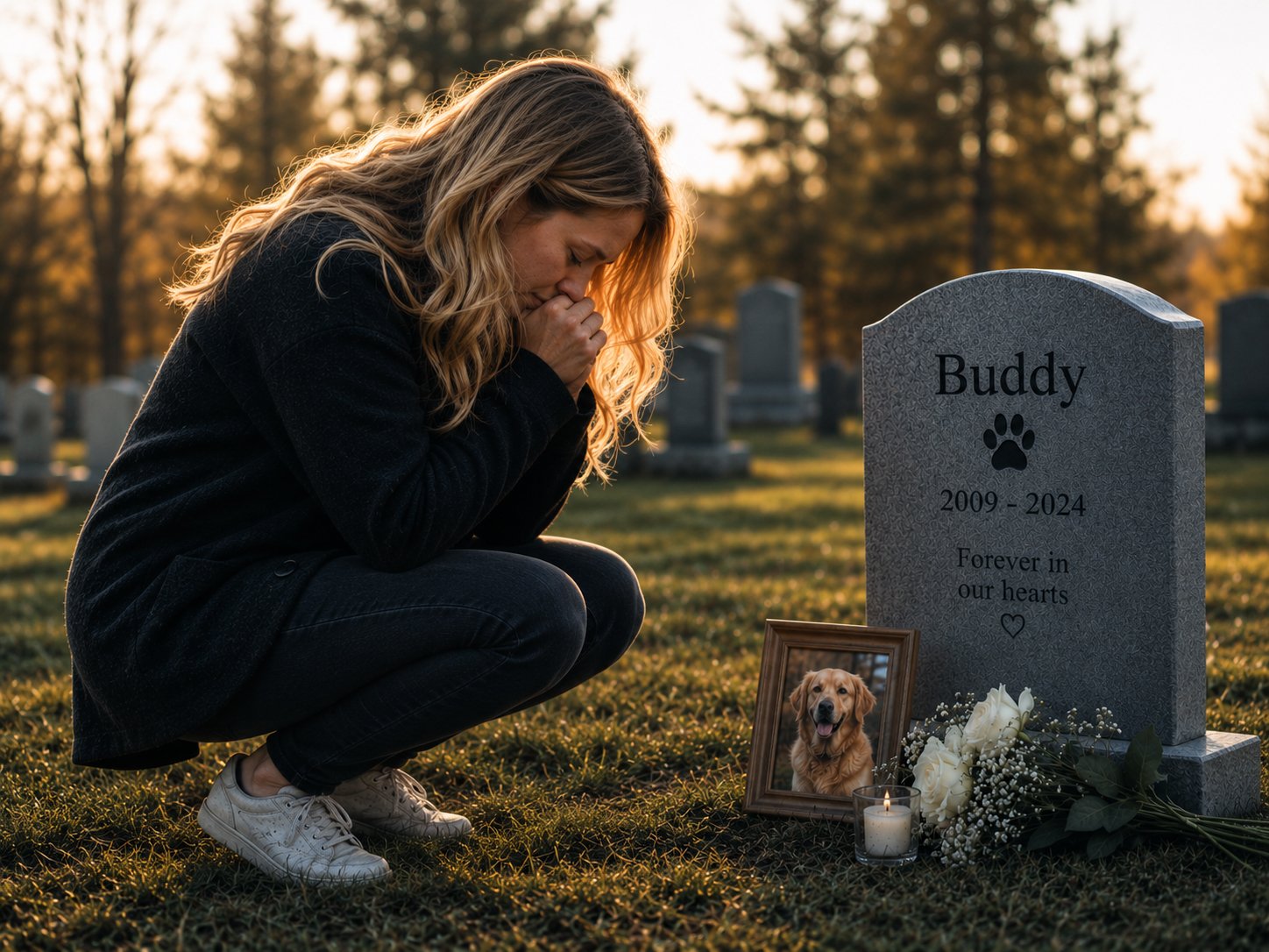 Pet loss grief - visiting dog memorial grave with photo and candle