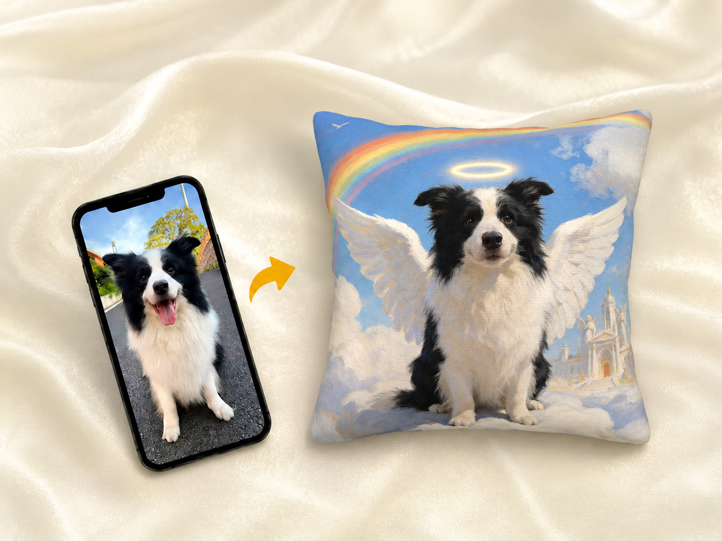 Pet memorial gift featuring pet photo transformed into angel-style art