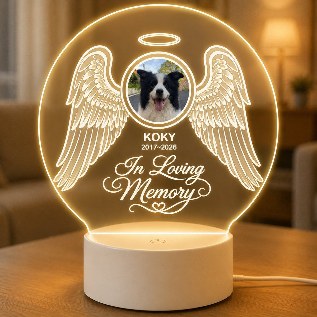 Angel wings pet memorial frame displayed on a home shelf, a personalized dog remembrance gift with custom name and dates