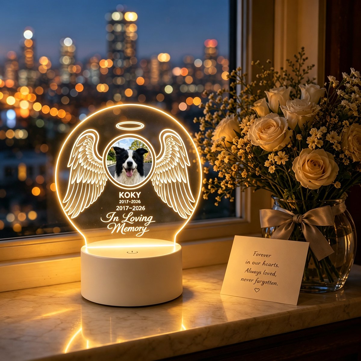 Angel wings pet memorial night light glowing warmly at night, a comforting personalized dog remembrance gift