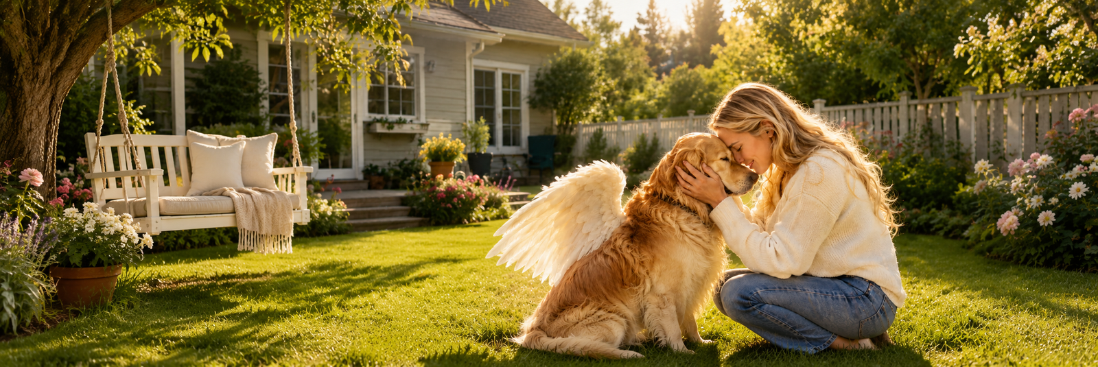 Pet reunited with owner in a sunny garden
