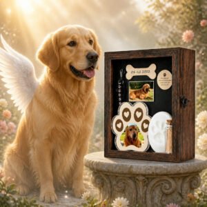 Golden retriever with angel wings beside a personalized pet memorial shadowbox holding a photo paw plaque and clay paw print
