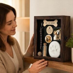 Woman placing a wooden pet memorial shadowbox with paw print, photos and collar on a shelf